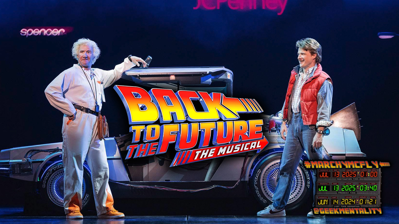 An image featuring two actors from the North American touring cast of Back to the Future, the Musical. Doc is played by David Josefberg. Lucas Hallauer is Marty McFly.